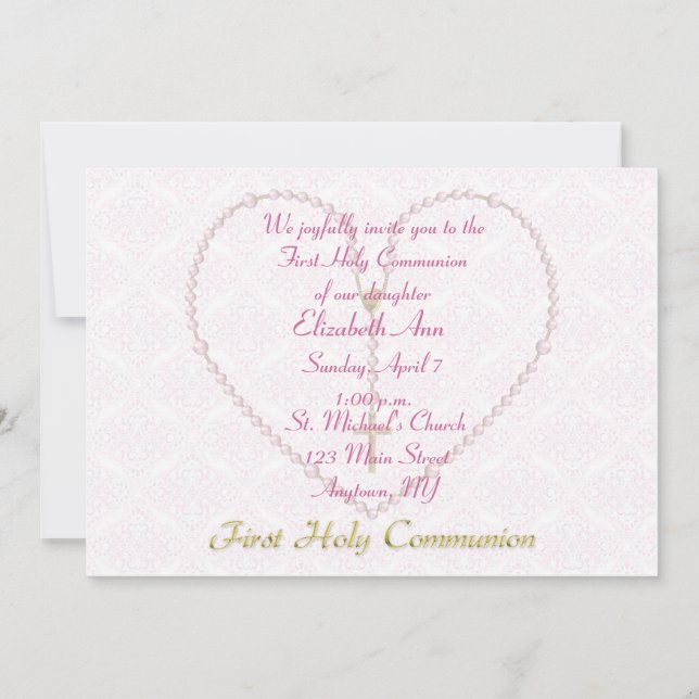 First CommunionPink Rosary Beads Heart Invitation (Front)