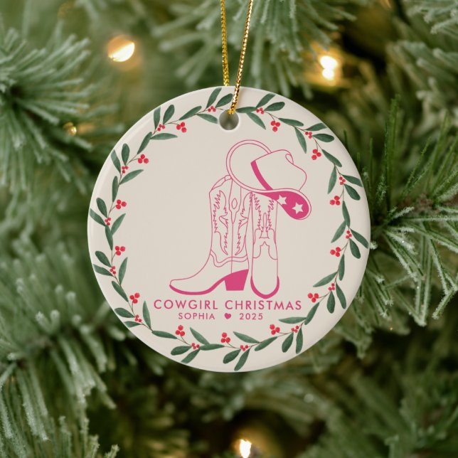 First Cowgirl Christmas Pink cowboy boots Ceramic Ornament (Tree)