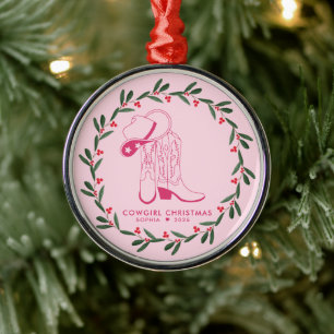 First Cowgirl Christmas Pink cowboy boots Metal Ornament