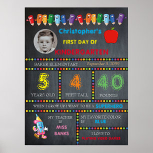 First Day Kindergarten boy,chalkboard sign,photo, Poster