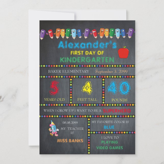 First Day Kindergarten card BOY,Chalkboard (Front)