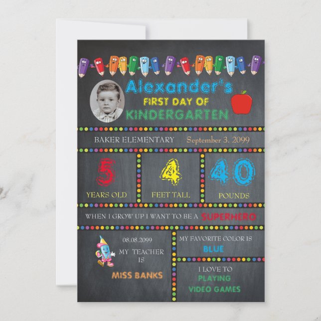 First Day Kindergarten photo card BOY,Chalkboard (Front)