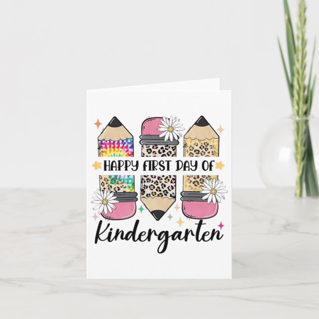 First Day Kindergarten Teacher Leopard Pencil Ck T Card (Front)