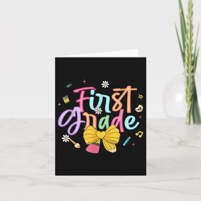 First Day Of First Grade Coquette Bow Pencil Teach Card (Front)