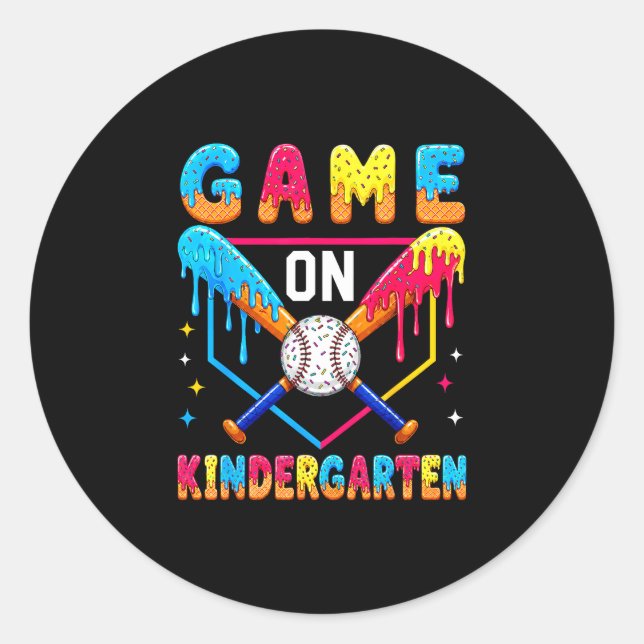 First day of kindergarten baseball drip for boys classic round sticker (Front)