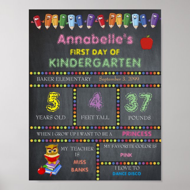 First Day of Kindergarten Sign GIRL, Chalkboard (Front)