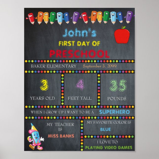 First Day of PRESCHOOL Sign BOY, FIRST GRADE (Front)