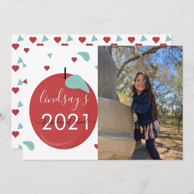 First Day of School Apple Red Script Photo Card (Front/Back)