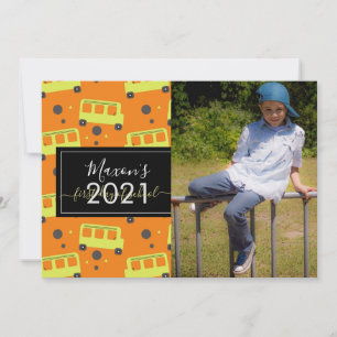 First Day of School Bus Pattern Script Photo Card