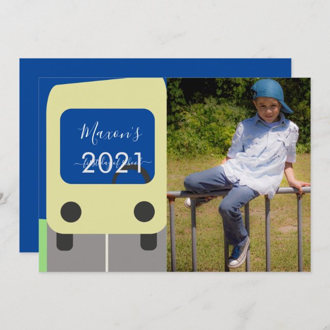 First Day of School Bus Yellow Script Photo Card (Front/Back)