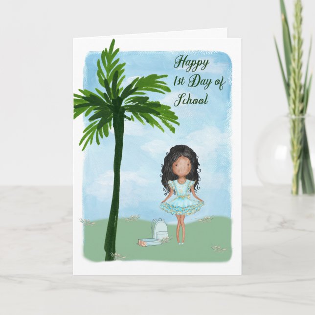 First Day of School with Young Dark Skin Girl Card (Front)