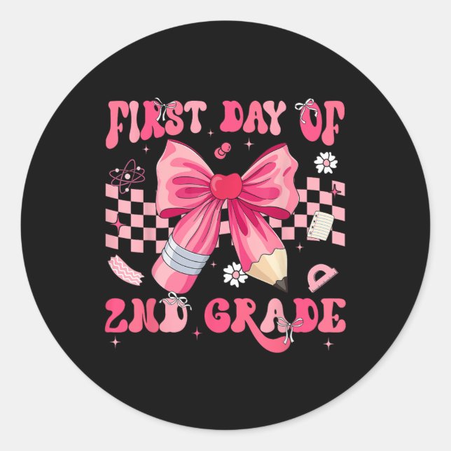 First Day Of Second Grade Coquette Bow Pencil Back Classic Round Sticker (Front)
