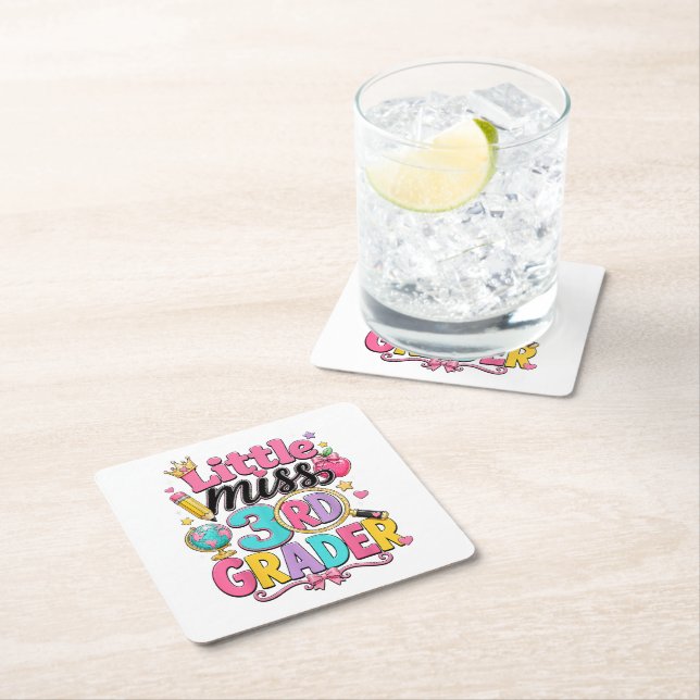 First Day of Third Little Miss 3rd Grader Square Paper Coaster (Insitu)