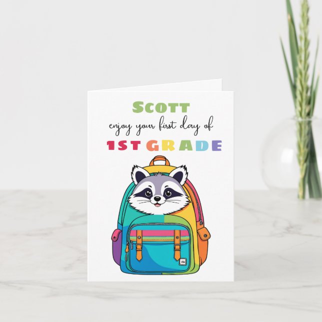 First Day Racoon Grade School Son Daughter Card (Front)