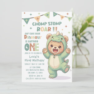 First Dino Birthday Party Cute Teddy Bear Dinosaur Invitation