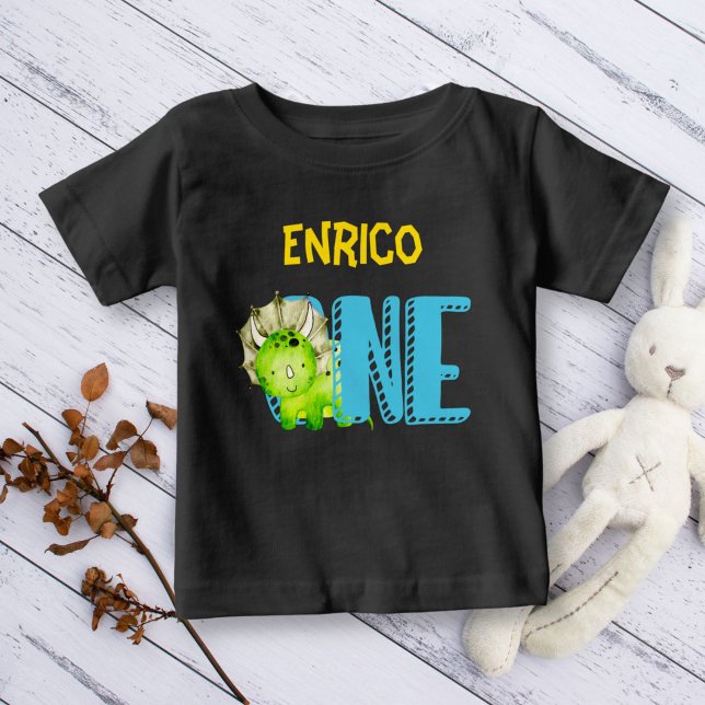 First dinosaur birthday cute colourful personalise baby T-Shirt (Creator Uploaded)