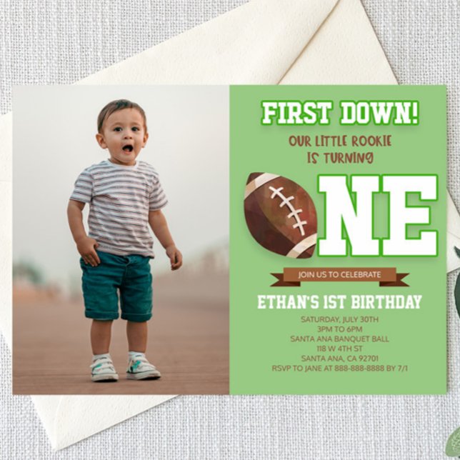 First Down Football Green ONE 1st Birthday Party  Invitation (Creator Uploaded)