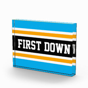 FIRST DOWN Fun Azure Black Yellow Football Stripes Photo Block