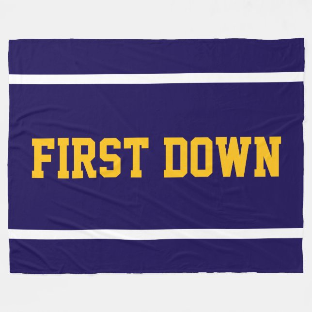 FIRST DOWN White Text Orange Stripes On Navy Blue Fleece Blanket (Front (Horizontal))