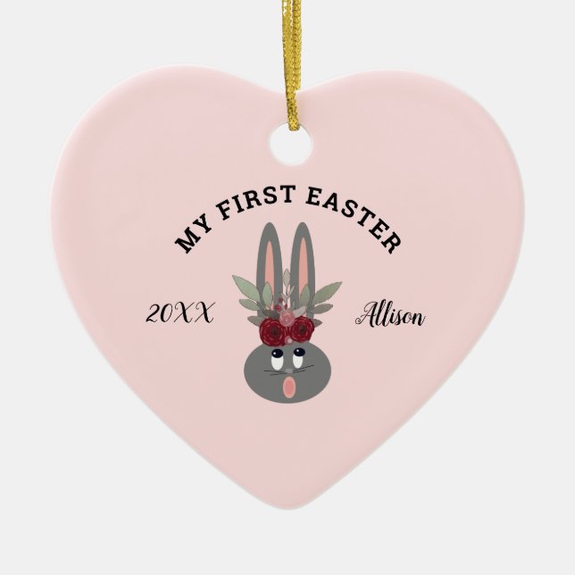 First Easter Baby Girl Bunny Pink Personalised Ceramic Ornament (Front)