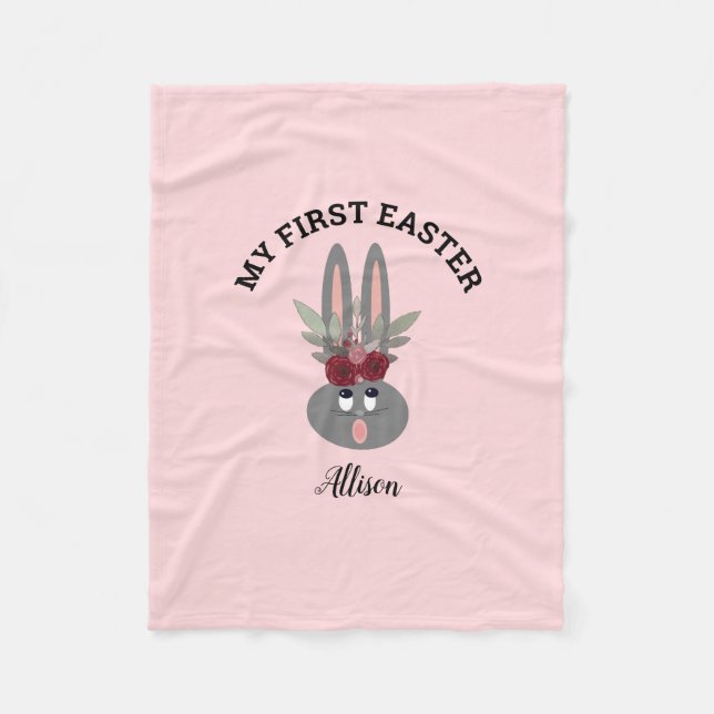 First Easter Blush Pink Floral Bunny Personalised Fleece Blanket (Front)