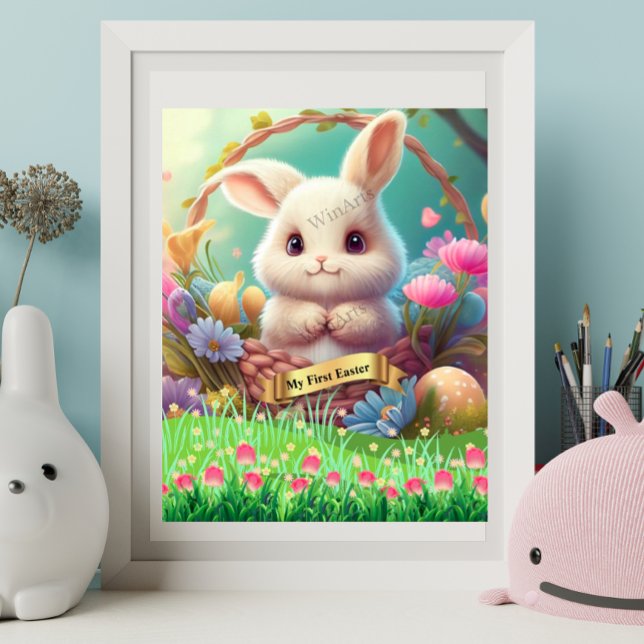First Easter Cute Rabbit in a Basket Personalised  Poster (Creator Uploaded)