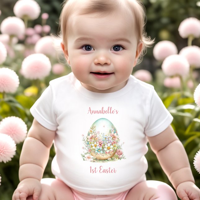 First Easter Floral Egg Personalised Name  Baby T-Shirt (First Easter Floral Egg Personalized Name Baby T-Shirt)