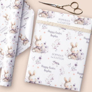 First Easter Girl Bunny Personalised Name Purple Wrapping Paper
