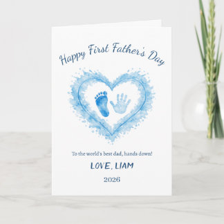 First Father’s Day Blue Watercolor Heart Handprint Card