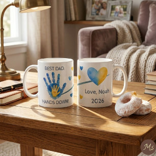 First Father's Day 2026 Blue Watercolor Handprint Coffee Mug