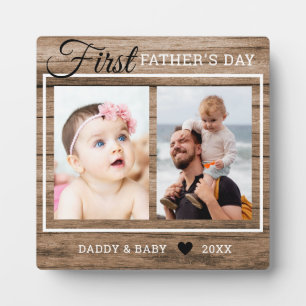 First Father's Day 2 Photo Collage Rustic Wood Plaque
