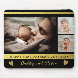 First Father's Day 3 Photo Collage Black And Gold Mouse Pad