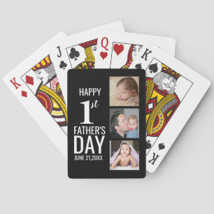 First Father's Day 3 Photo Collage Black And White Playing Cards