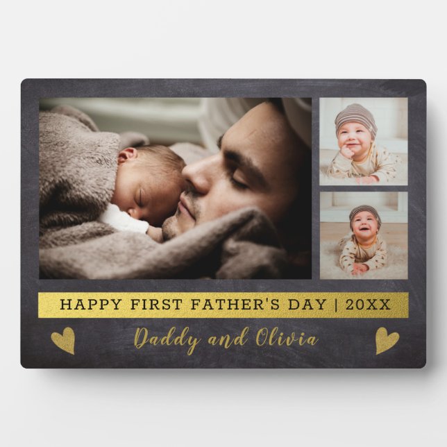 First Father's Day 3 Photo Collage Chalkboard Plaque (Front)