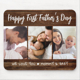 First Father's Day 3 Photo Collage Dark Wood Mouse Pad