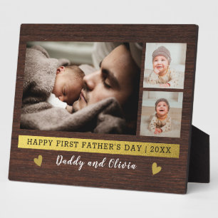 First Father's Day 3 Photo Collage Rustic Wood   Plaque