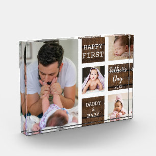 First Father's Day 4 Photo Collage Brown Wood Block