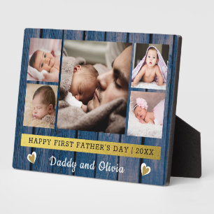  First Father's Day 5 Photo Collage Blue Wood   Plaque