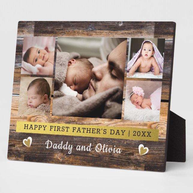  First Father's Day 5 Photo Collage Brown Wood   Plaque (Side)