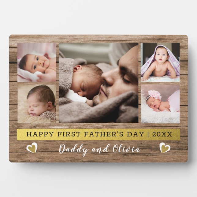  First Father's Day 5 Photo Collage Rustic Wood Plaque (Front)