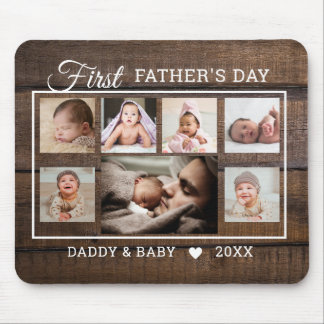 First Father's Day 7 Photo Collage Dark Barnwood Mouse Pad
