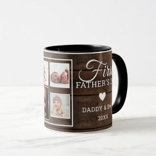 First Father's Day 7 Photo Collage Dark Wood Mug