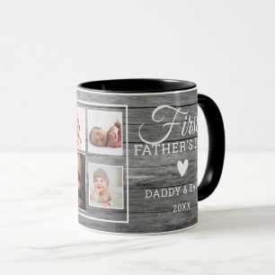 First Father's Day 7 Photo Collage Grey Wood   Mug