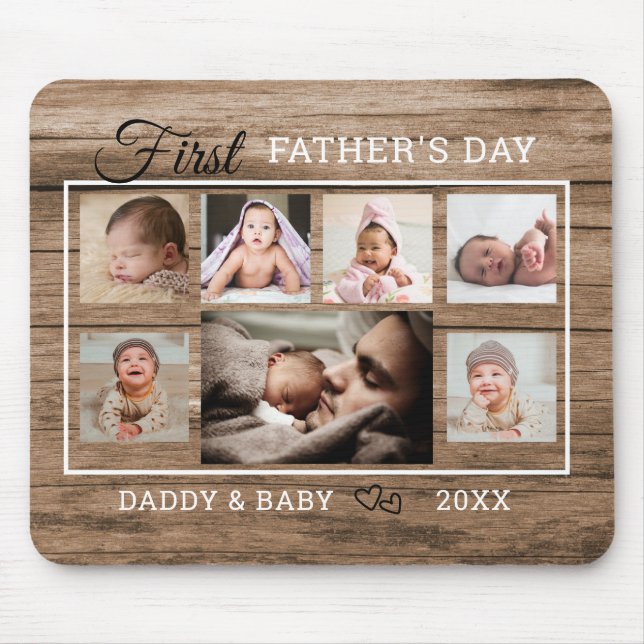 First Father's Day 7 Photo Collage Rustic Wood Mouse Pad (Front)