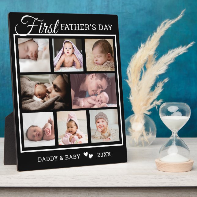 First Father's Day 8 Photo Collage Black And White Plaque (Side)