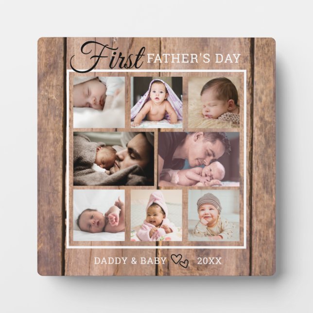 First Father's Day 8 Photo Collage Rustic Barnwood Plaque (Front)