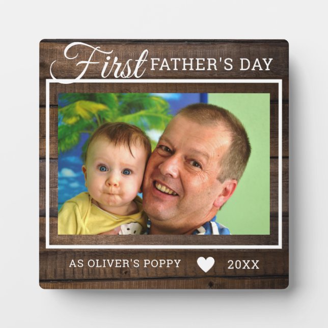 First Father's Day As Poppy Rustic Wood Photo Plaque (Front)