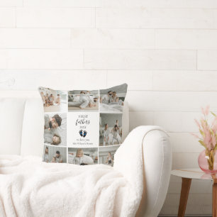 First Father's Day – Baby Footprints & Blue Hearts Cushion