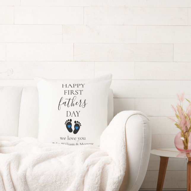 First Father's Day – Baby Footprints & Blue Hearts Cushion (Couch)