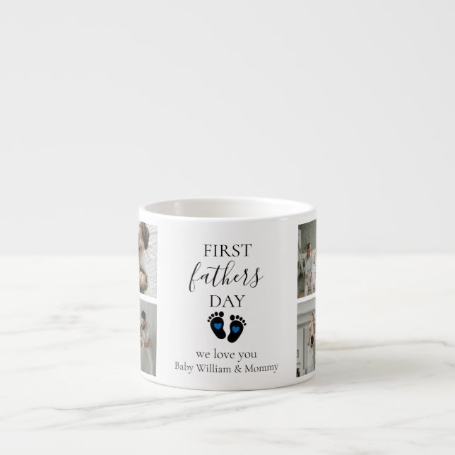 First Father's Day – Baby Footprints & Blue Hearts Espresso Cup (Front)